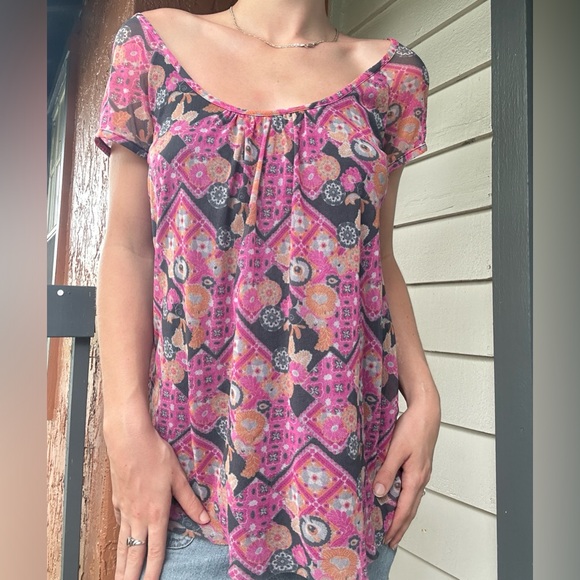 Soft Girl Y2K MultiColored Pattern Print Colorful Geometric Top - Picture 3 of 3